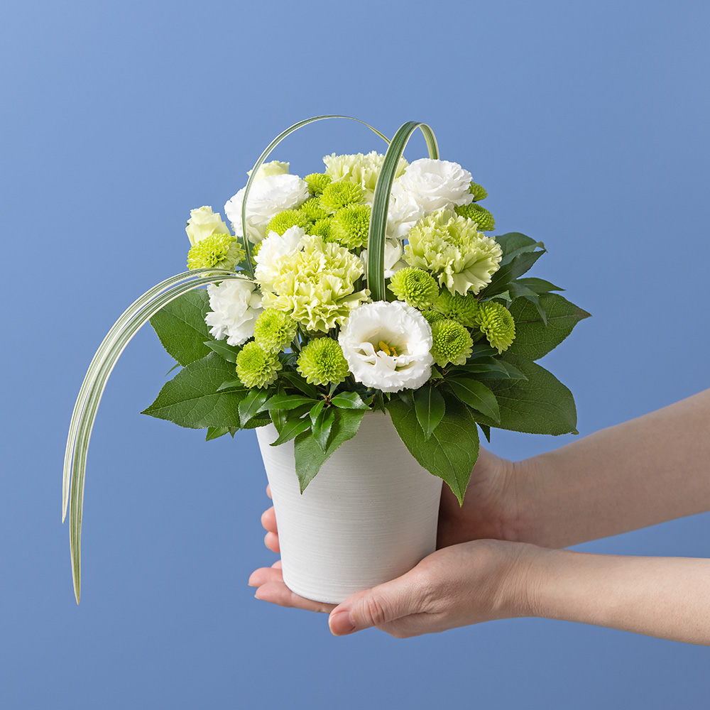 【お供え・お悔やみ】フラワーアレンジメント/供花｜イイハナ・ドットコム（花ギフトの専門店）｜EXお供え花 アレンジメント「花明かり(白)」｜出荷実績400万件以上、13時までのご注文は最短翌日お届け(一部商品は除きます）。インターネットで24時間受付中。e87.com